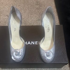 CHANEL Metallic Silver Camellia D'Orsay Pumps